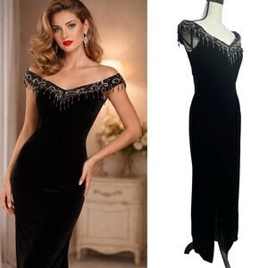 Jessica McClintock for Gunne Sax Beaded Velour Formal Gown 80s